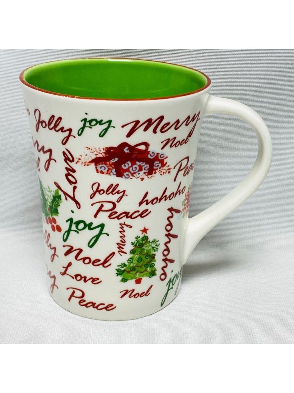 Starbucks Holiday 2007 Ceramic Mug 12 Oz Red Green Christmas Words & Graphics